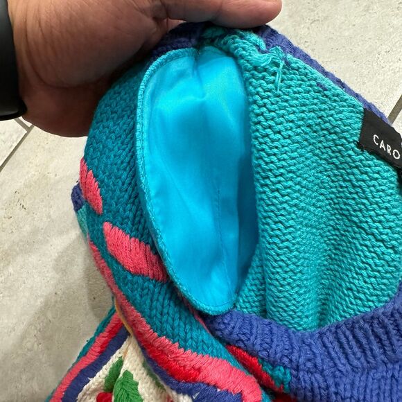 VINTAGE 80s Carole Little Colorful Floral Handknit Short Sleeve Cardigan Sz M - Picture 5 of 8